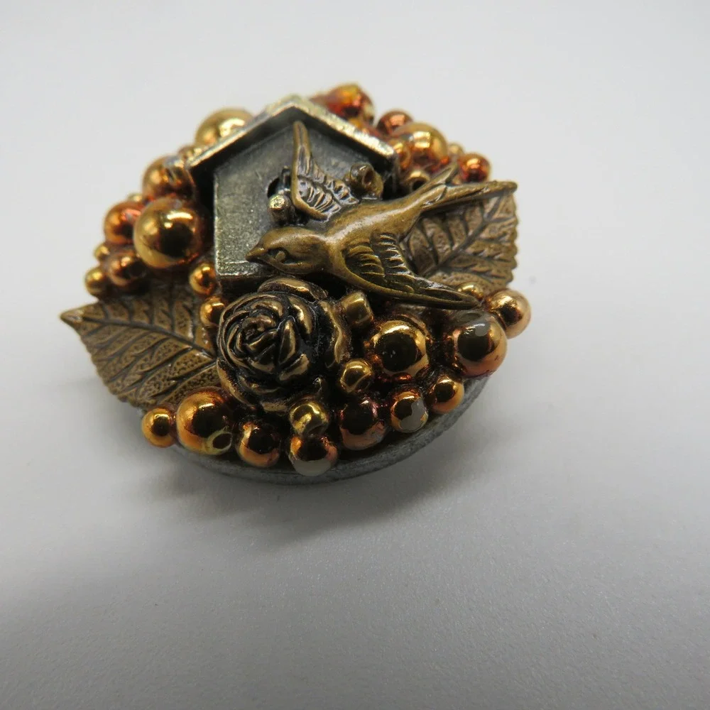 Vintage Style Birdhouse and Swallow Mixed Media Beaded Brooch Pin Bronze Tone